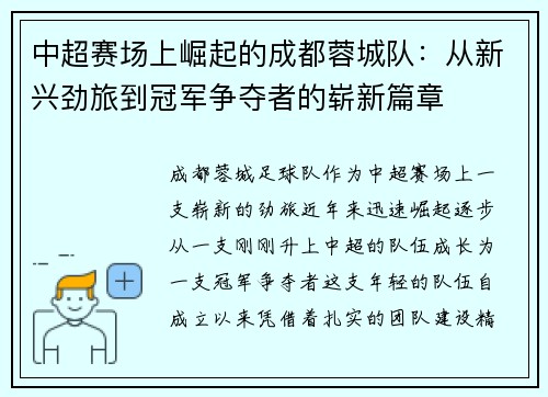 中超赛场上崛起的成都蓉城队：从新兴劲旅到冠军争夺者的崭新篇章